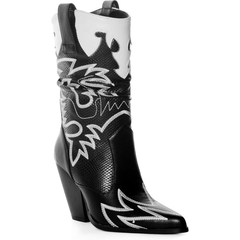Women's Black Mid Calf Knee-high Embroidery Pointed Toe Chunky Heel Boots